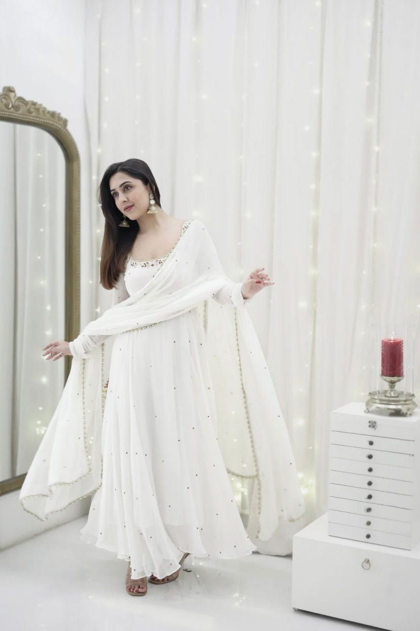 White Faux Georgette Handwork Anarkali Suit with Fancy Lace Dupatta