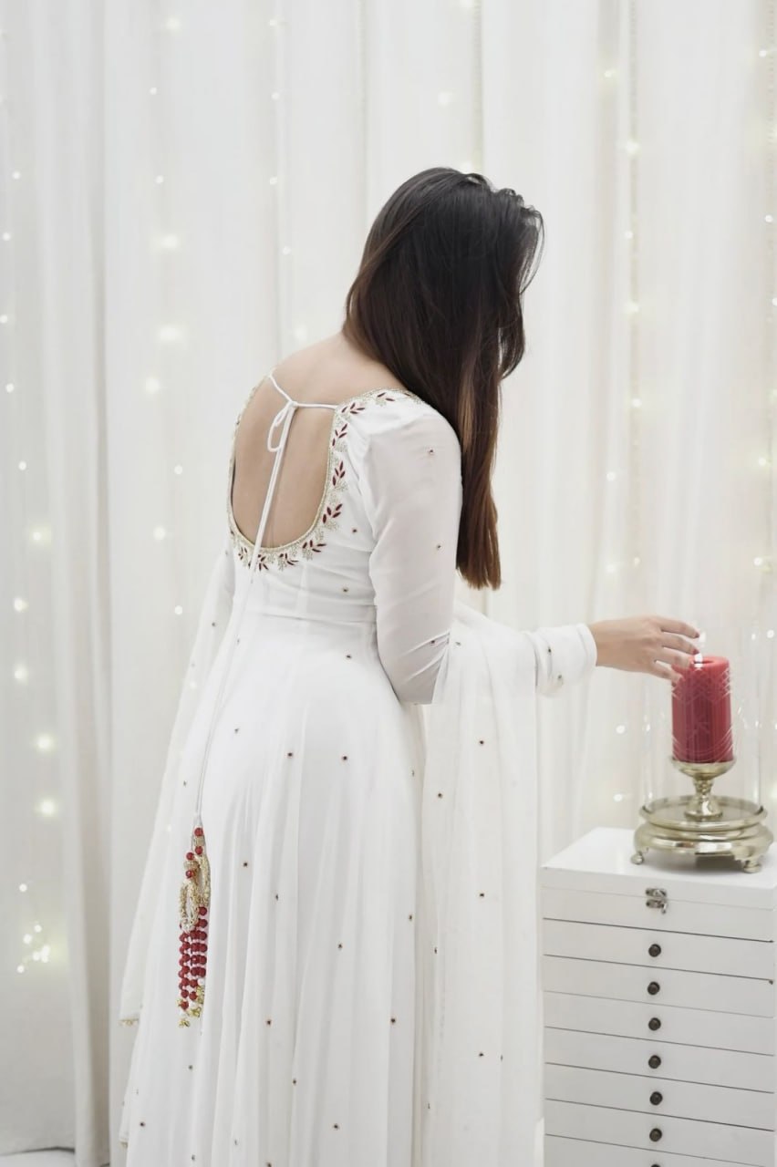 White Faux Georgette Handwork Anarkali Suit with Fancy Lace Dupatta