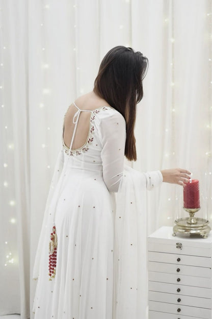 White Faux Georgette Handwork Anarkali Suit with Fancy Lace Dupatta
