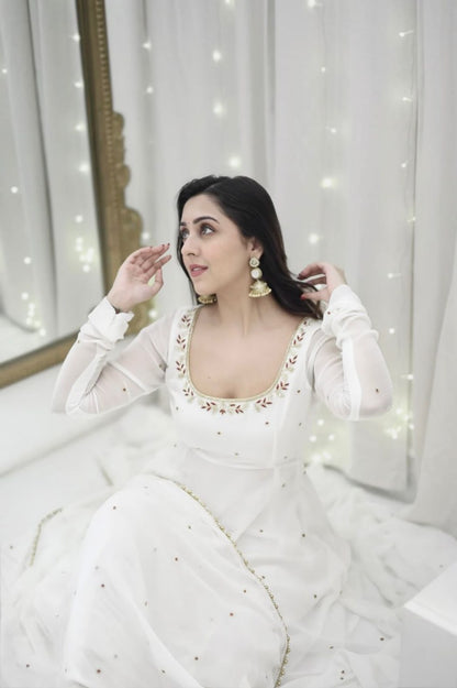 White Faux Georgette Handwork Anarkali Suit with Fancy Lace Dupatta