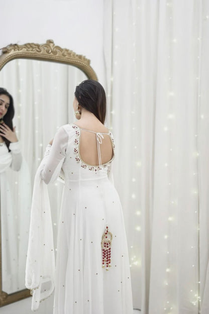 White Faux Georgette Handwork Anarkali Suit with Fancy Lace Dupatta