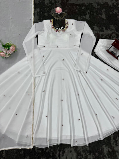 White Faux Georgette Handwork Anarkali Suit with Fancy Lace Dupatta