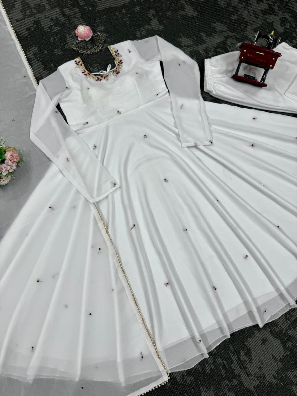 White Faux Georgette Handwork Anarkali Suit with Fancy Lace Dupatta