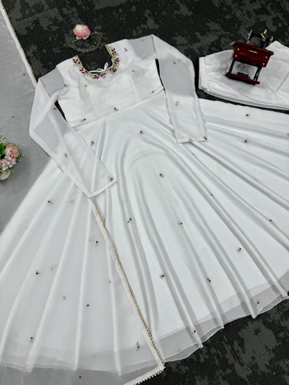 White Faux Georgette Handwork Anarkali Suit with Fancy Lace Dupatta