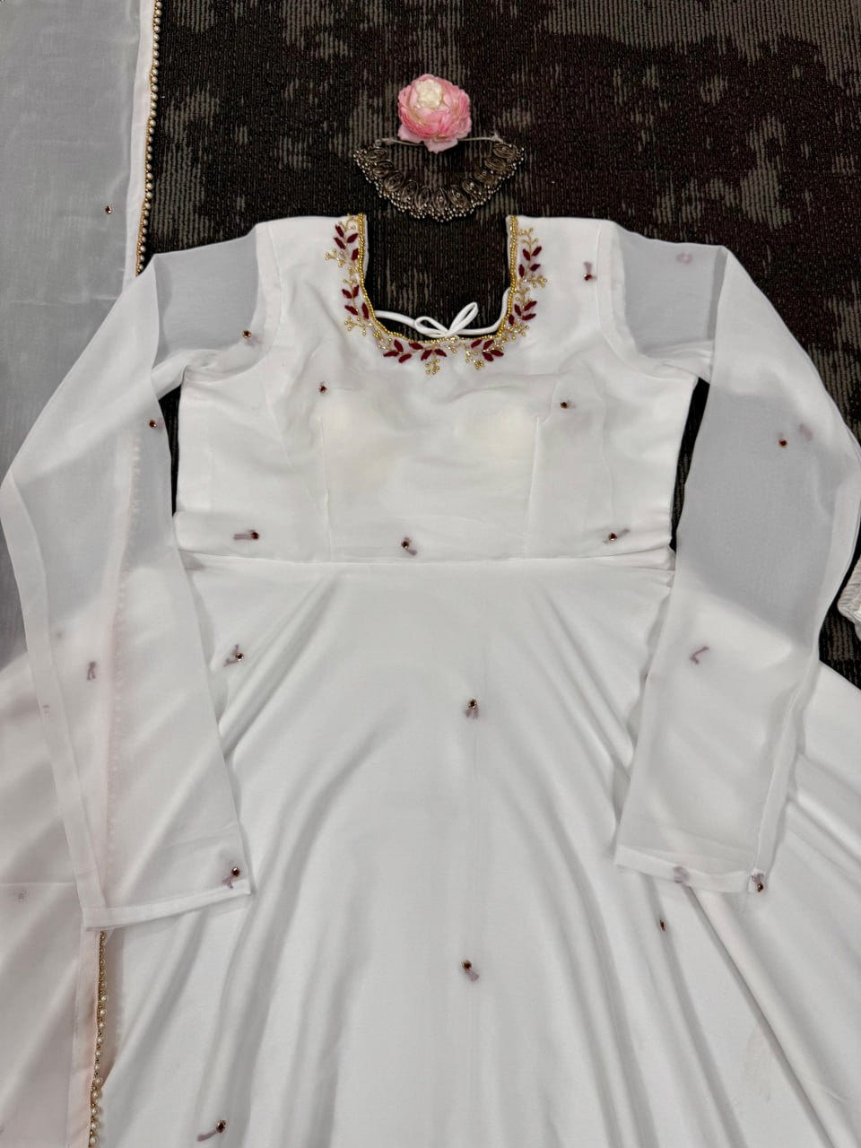White Faux Georgette Handwork Anarkali Suit with Fancy Lace Dupatta