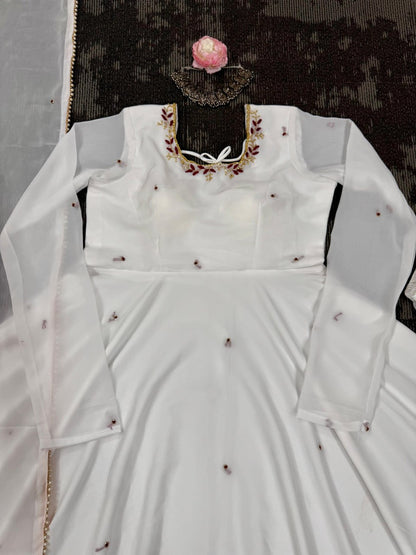 White Faux Georgette Handwork Anarkali Suit with Fancy Lace Dupatta