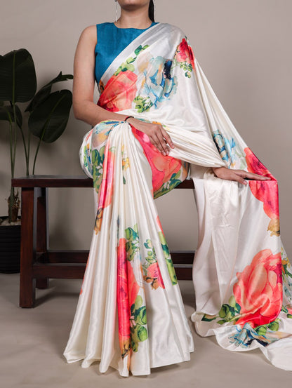 White Floral Satin Silk Printed Saree with Plain Banglory Blouse