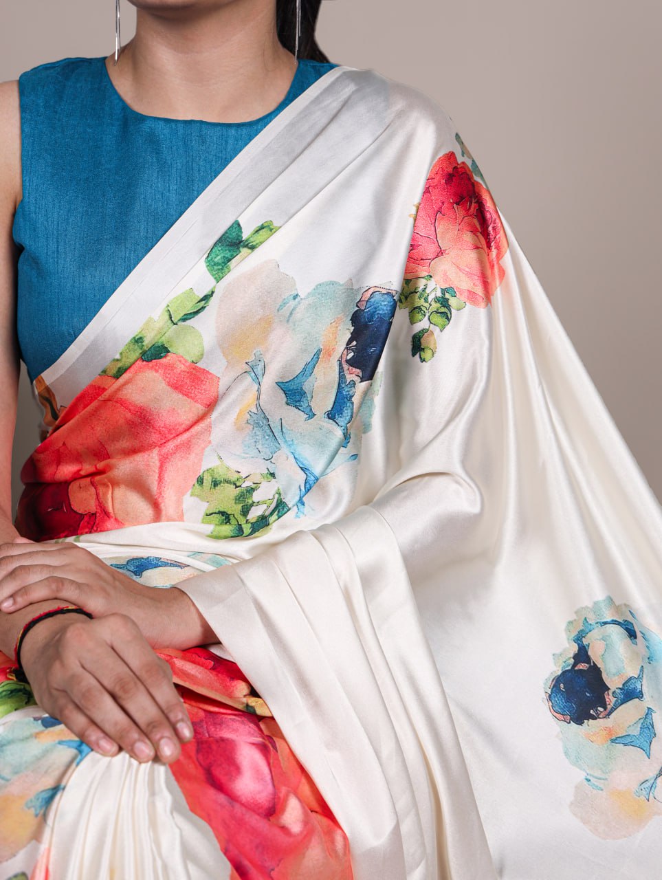 White Floral Satin Silk Printed Saree with Plain Banglory Blouse