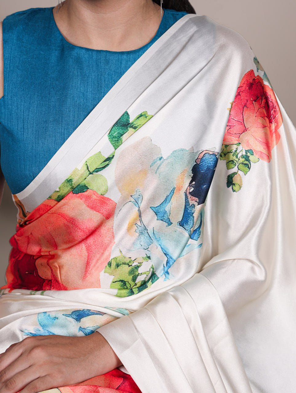 White Floral Satin Silk Printed Saree with Plain Banglory Blouse