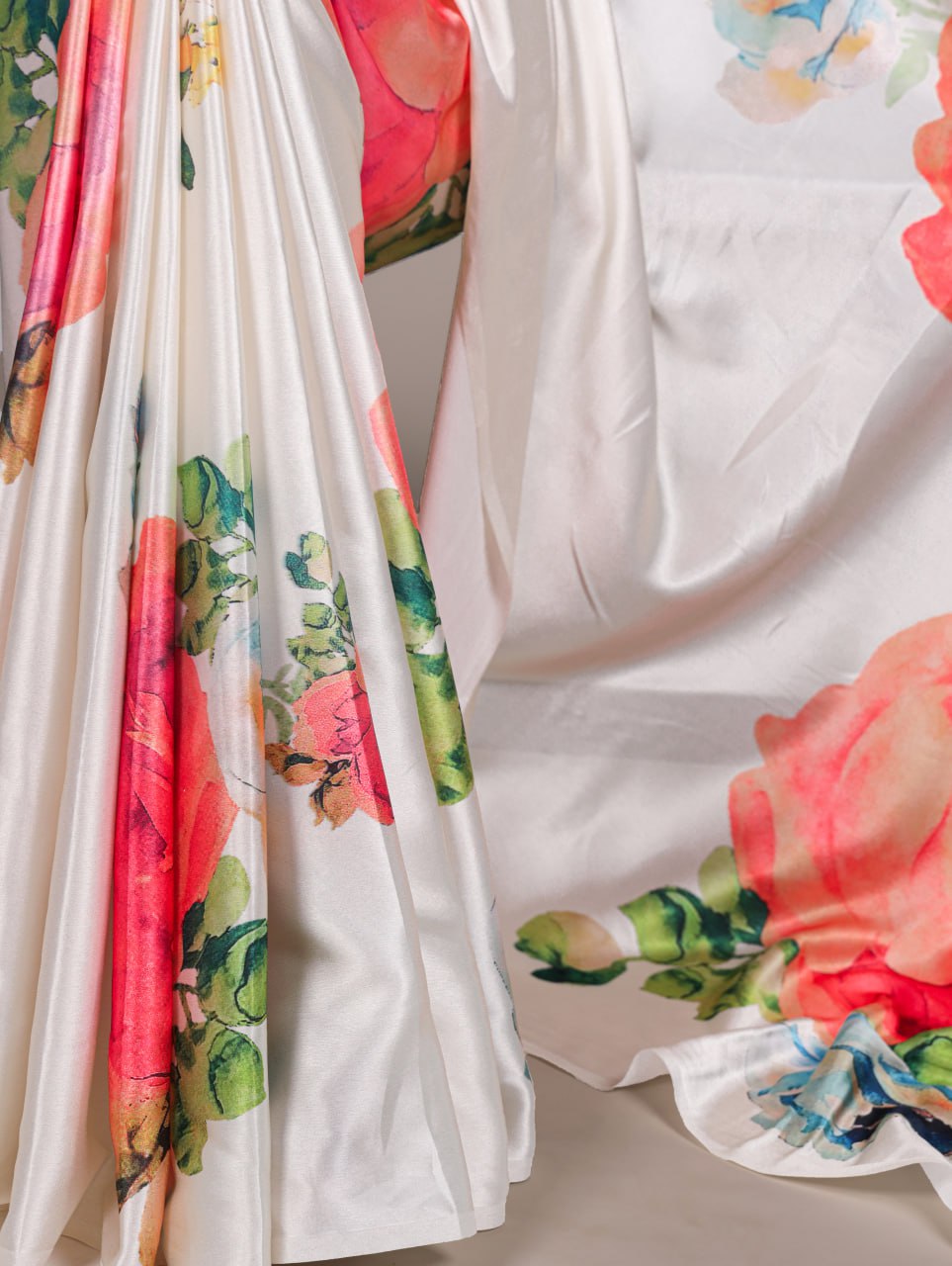 White Floral Satin Silk Printed Saree with Plain Banglory Blouse