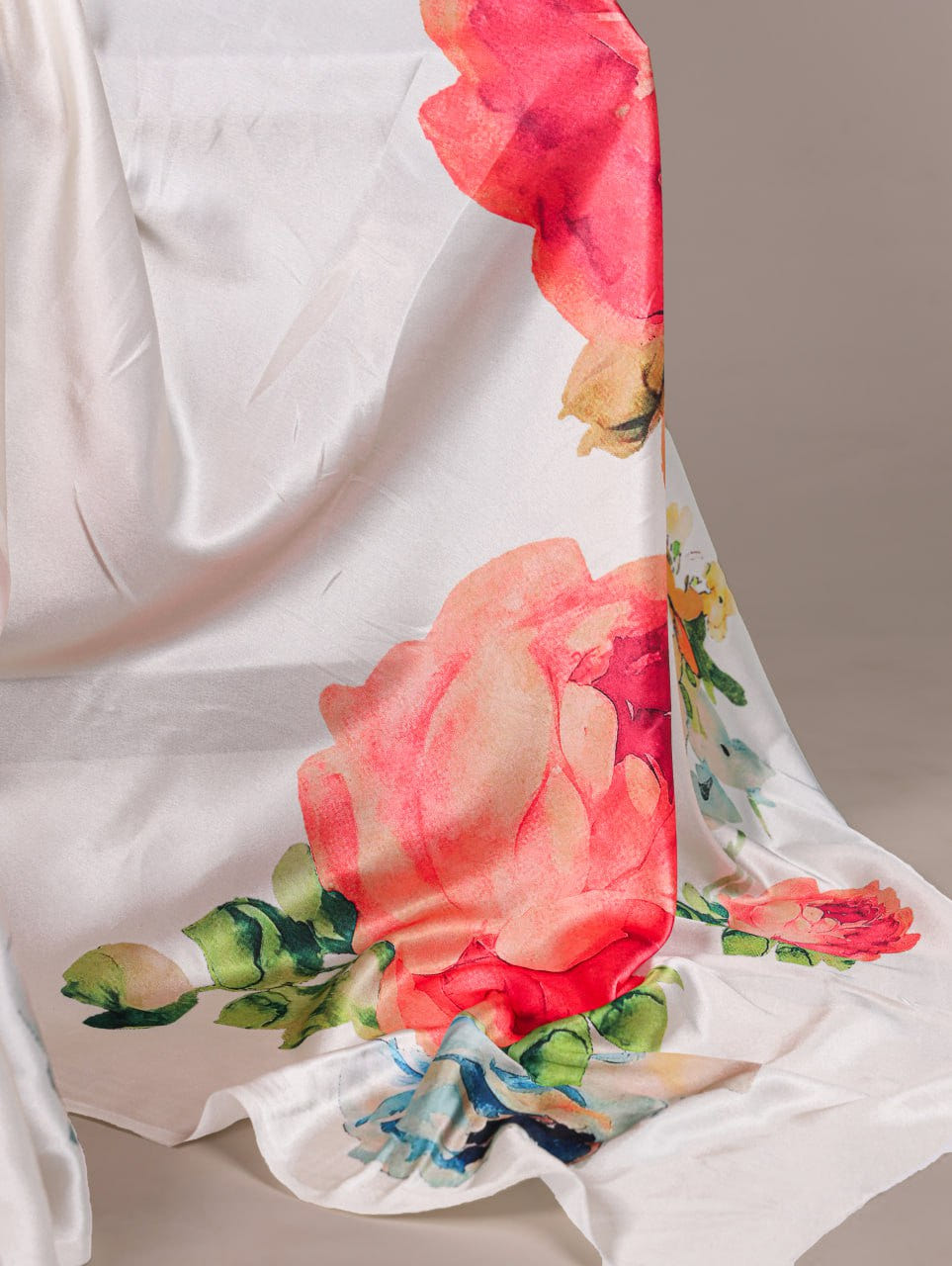 White Floral Satin Silk Printed Saree with Plain Banglory Blouse