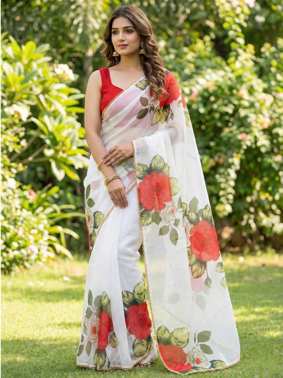 White Georgette Digital Print Saree with Moti Lace Border & Blouse