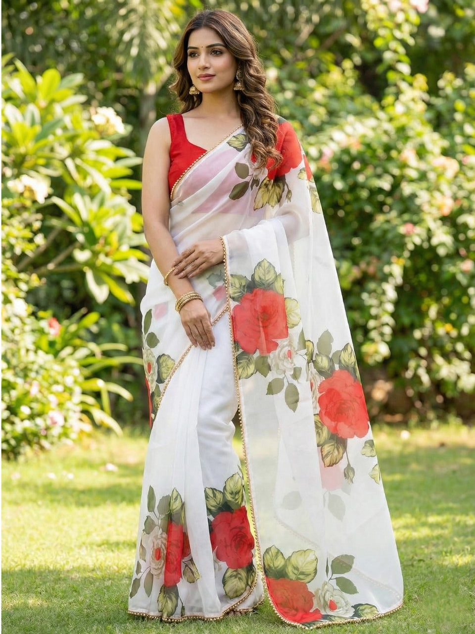 White Georgette Digital Print Saree with Moti Lace Border & Blouse