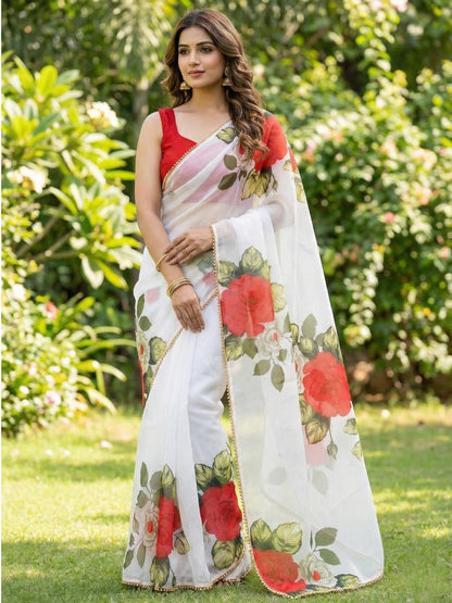 White Georgette Digital Print Saree with Moti Lace Border & Blouse