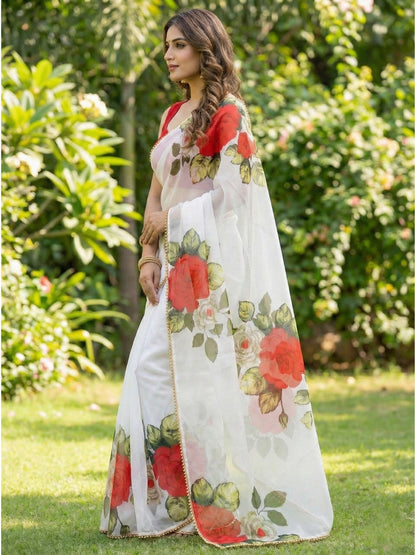 White Georgette Digital Print Saree with Moti Lace Border & Blouse