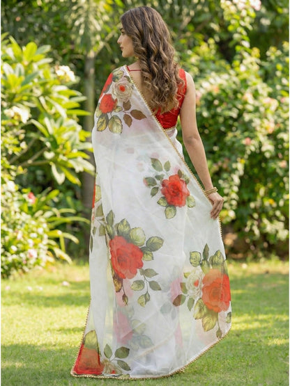 White Georgette Digital Print Saree with Moti Lace Border & Blouse