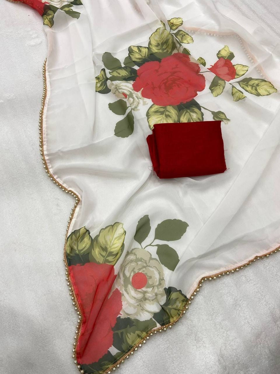 White Georgette Digital Print Saree with Moti Lace Border & Blouse