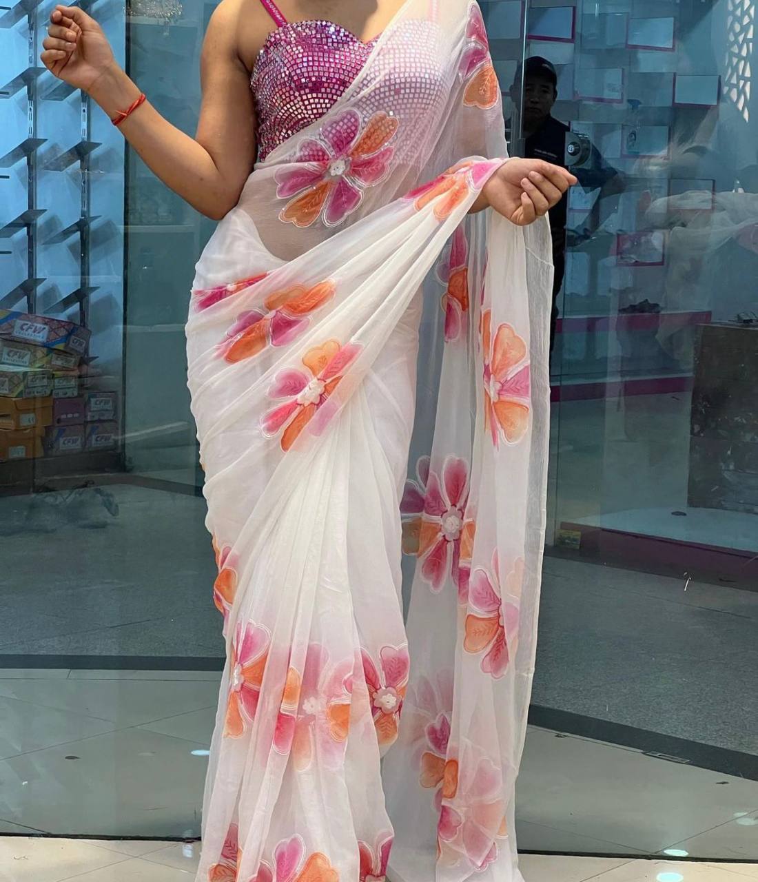 White Georgette Digital Printed Saree with Sequins Mirror Work Blouse