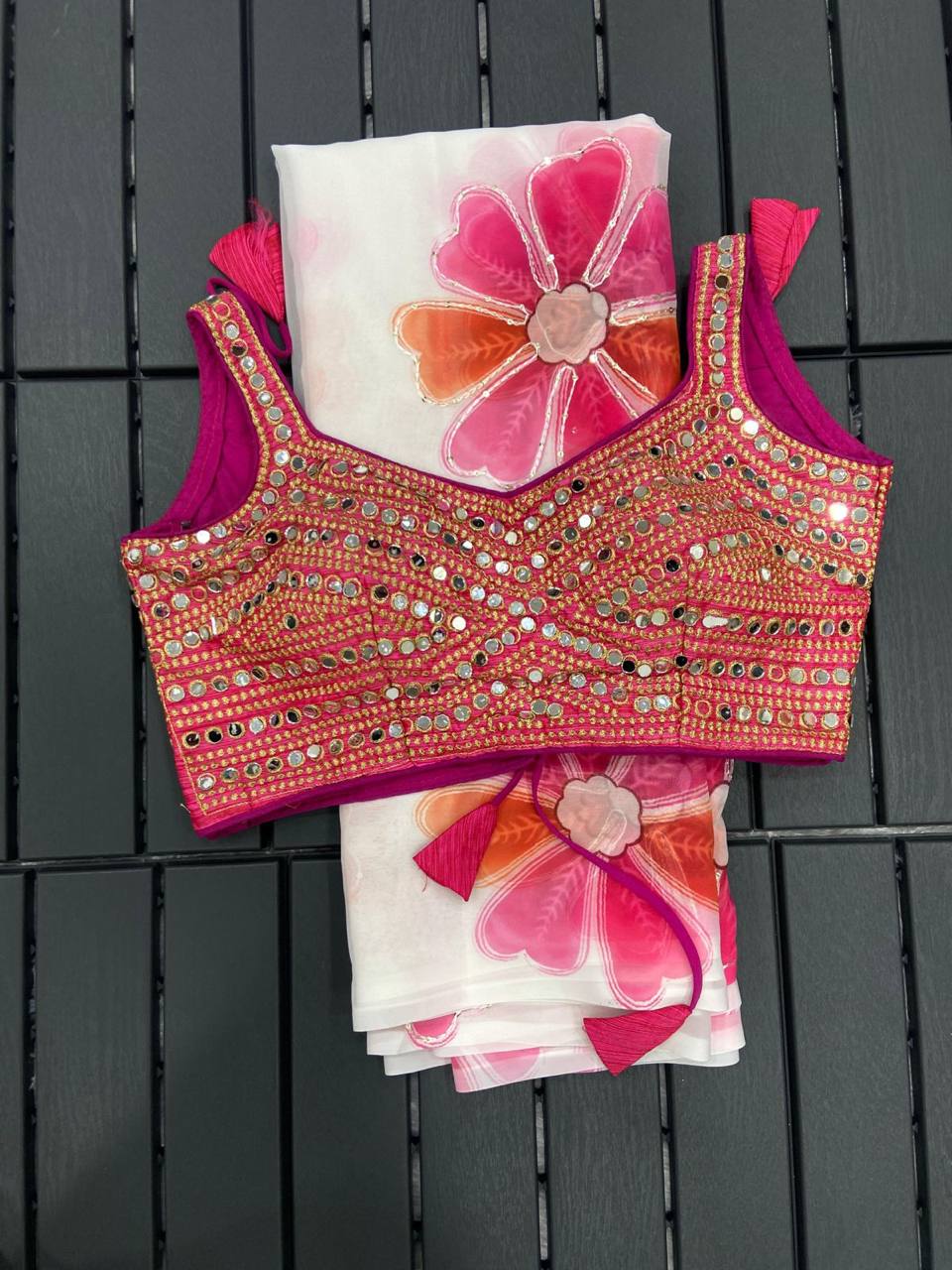 White Georgette Digital Printed Saree with Sequins Mirror Work Blouse