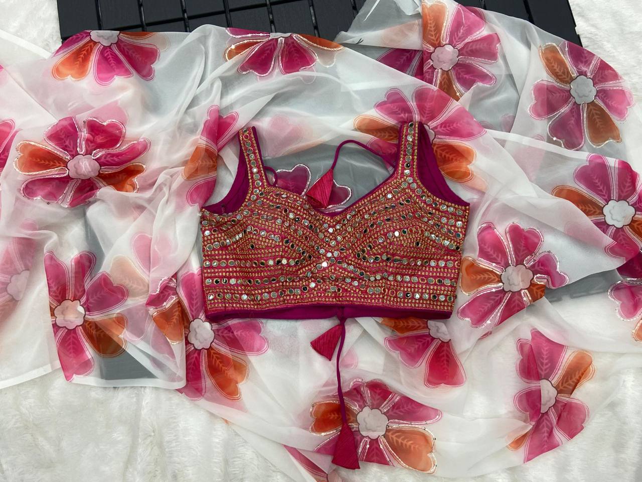 White Georgette Digital Printed Saree with Sequins Mirror Work Blouse