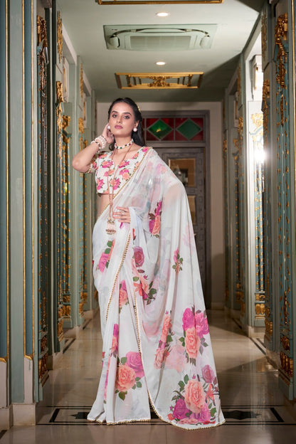 White Georgette Floral Print Saree with Pearl Lace Border