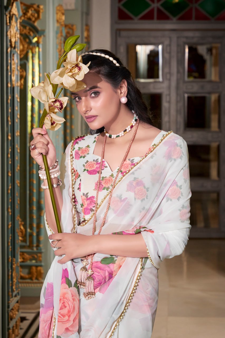 White Georgette Floral Print Saree with Pearl Lace Border