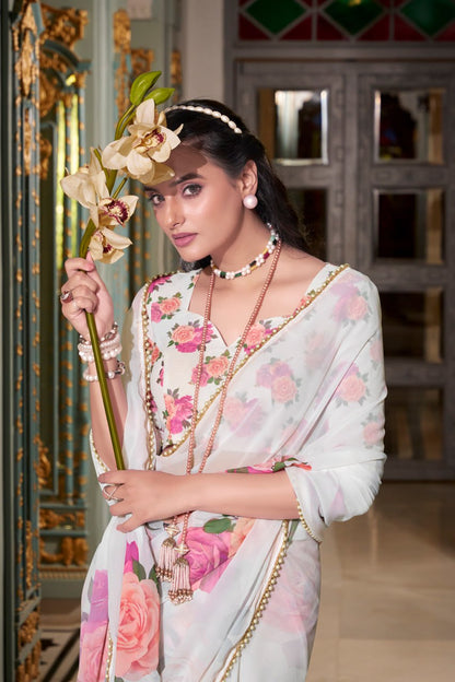 White Georgette Floral Print Saree with Pearl Lace Border