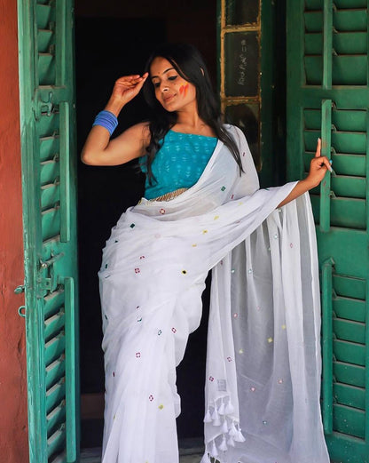 White Georgette Thread Work Saree with Teal Blue Sleeveless Blouse