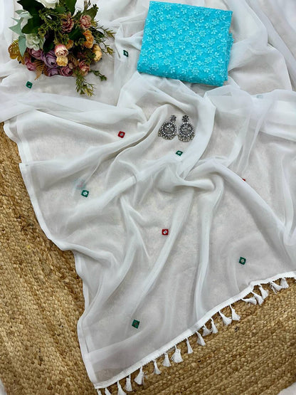 White Georgette Thread Work Saree with Teal Blue Sleeveless Blouse