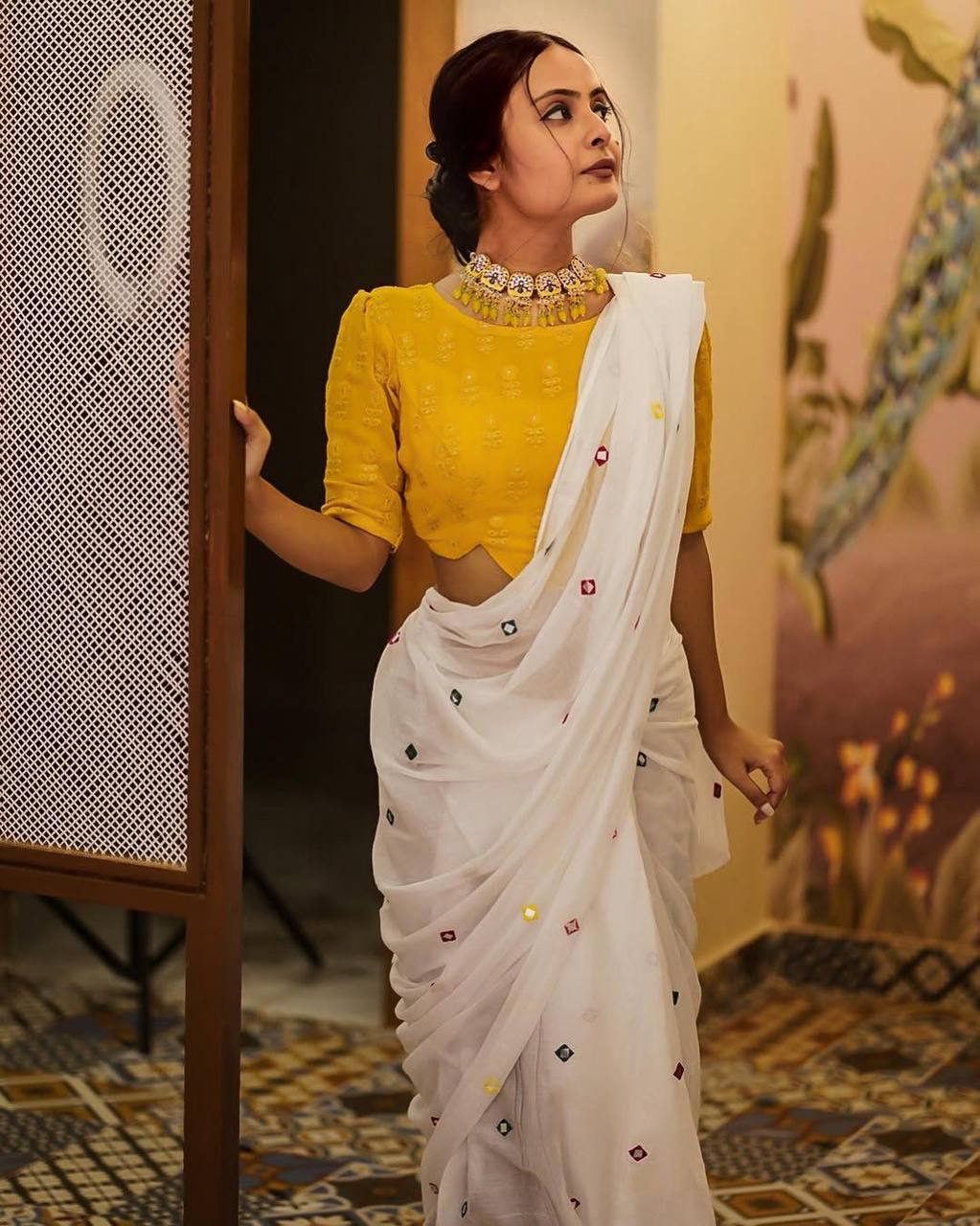 White Georgette Thread Work Saree with Yellow Sleeveless Blouse