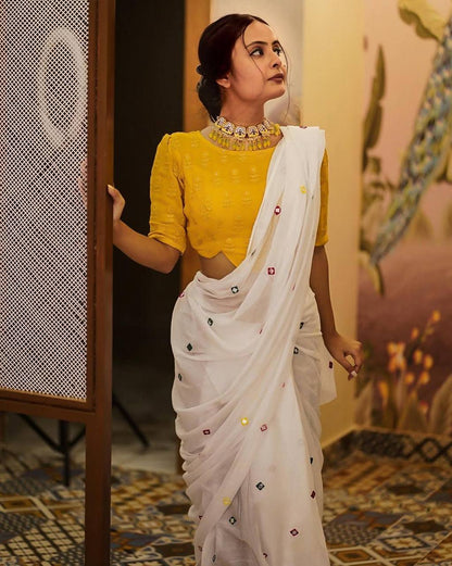 White Georgette Thread Work Saree with Yellow Sleeveless Blouse