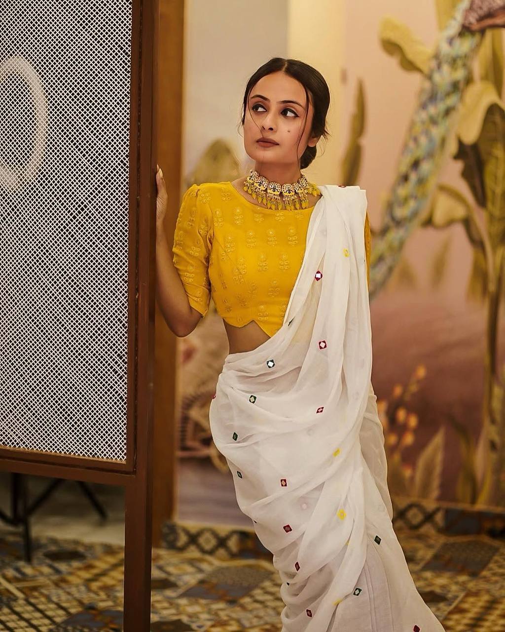 White Georgette Thread Work Saree with Yellow Sleeveless Blouse