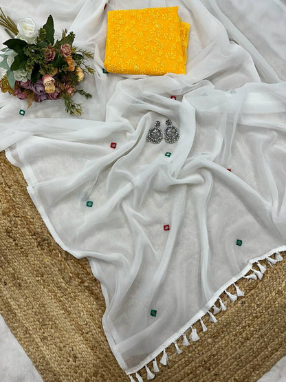 White Georgette Thread Work Saree with Yellow Sleeveless Blouse