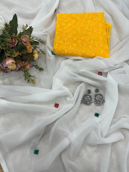 White Georgette Thread Work Saree with Yellow Sleeveless Blouse
