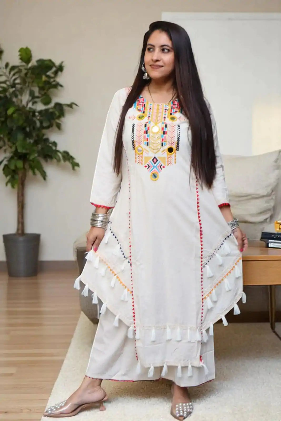White Khadi Cotton Salwar Suit with Real Mirror Work & Embroidery – Plus Size Ready to Wear