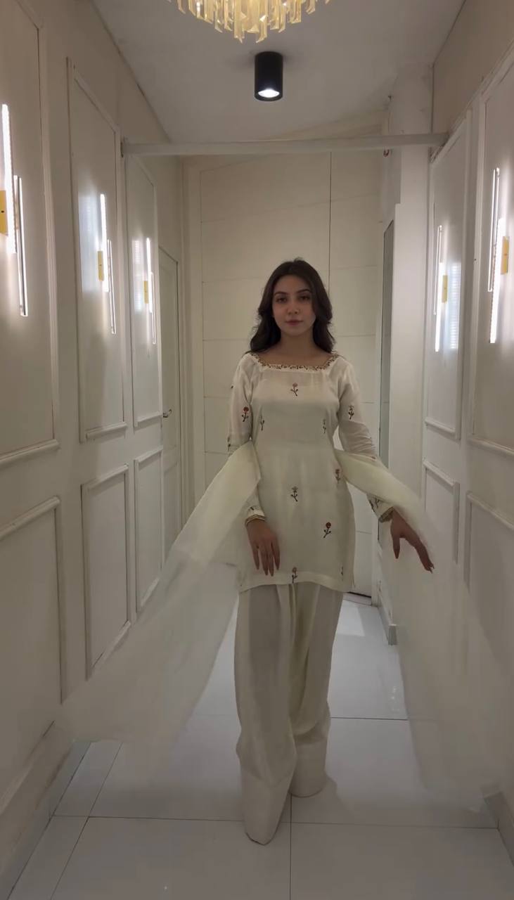 White New Designer Chinnon Silk Top Farshi Pant Organza Dupatta Set