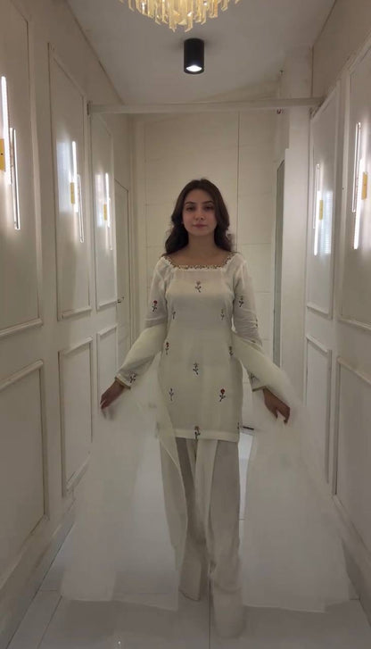 White New Designer Chinnon Silk Top Farshi Pant Organza Dupatta Set