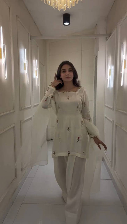 White New Designer Chinnon Silk Top Farshi Pant Organza Dupatta Set