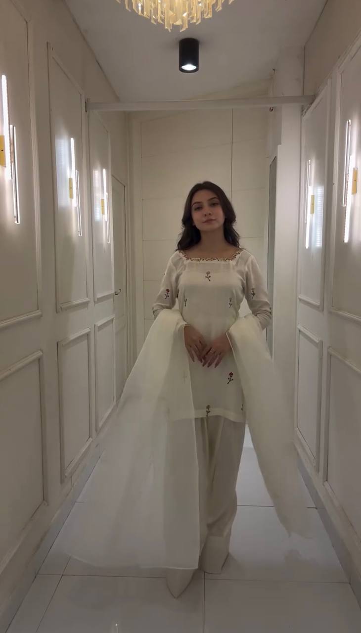 White New Designer Chinnon Silk Top Farshi Pant Organza Dupatta Set