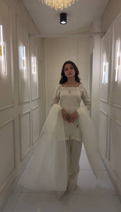 White New Designer Chinnon Silk Top Farshi Pant Organza Dupatta Set