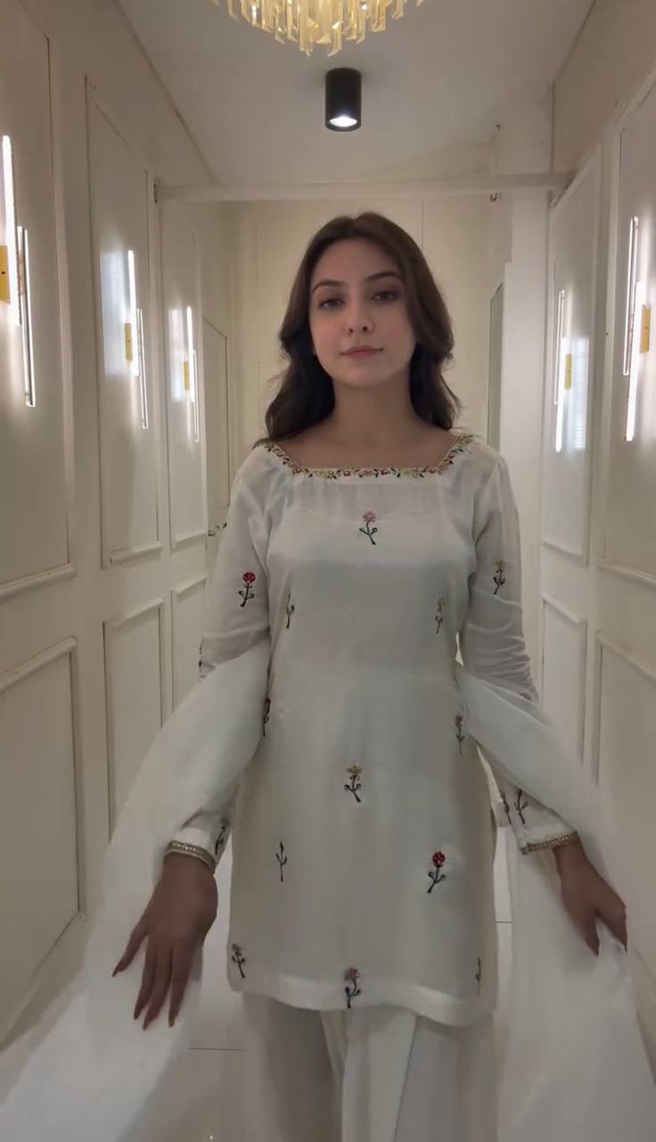 White New Designer Chinnon Silk Top Farshi Pant Organza Dupatta Set