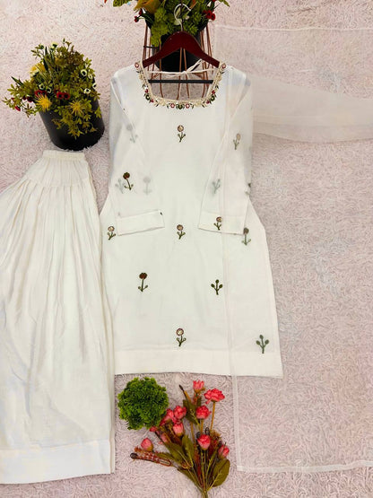 White New Designer Chinnon Silk Top Farshi Pant Organza Dupatta Set