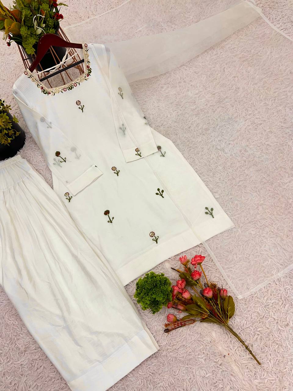 White New Designer Chinnon Silk Top Farshi Pant Organza Dupatta Set