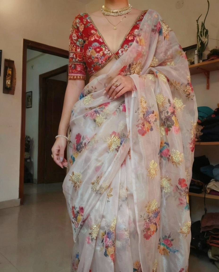 White Print Organza Saree with Golden Zari Embroidery Red Blouse