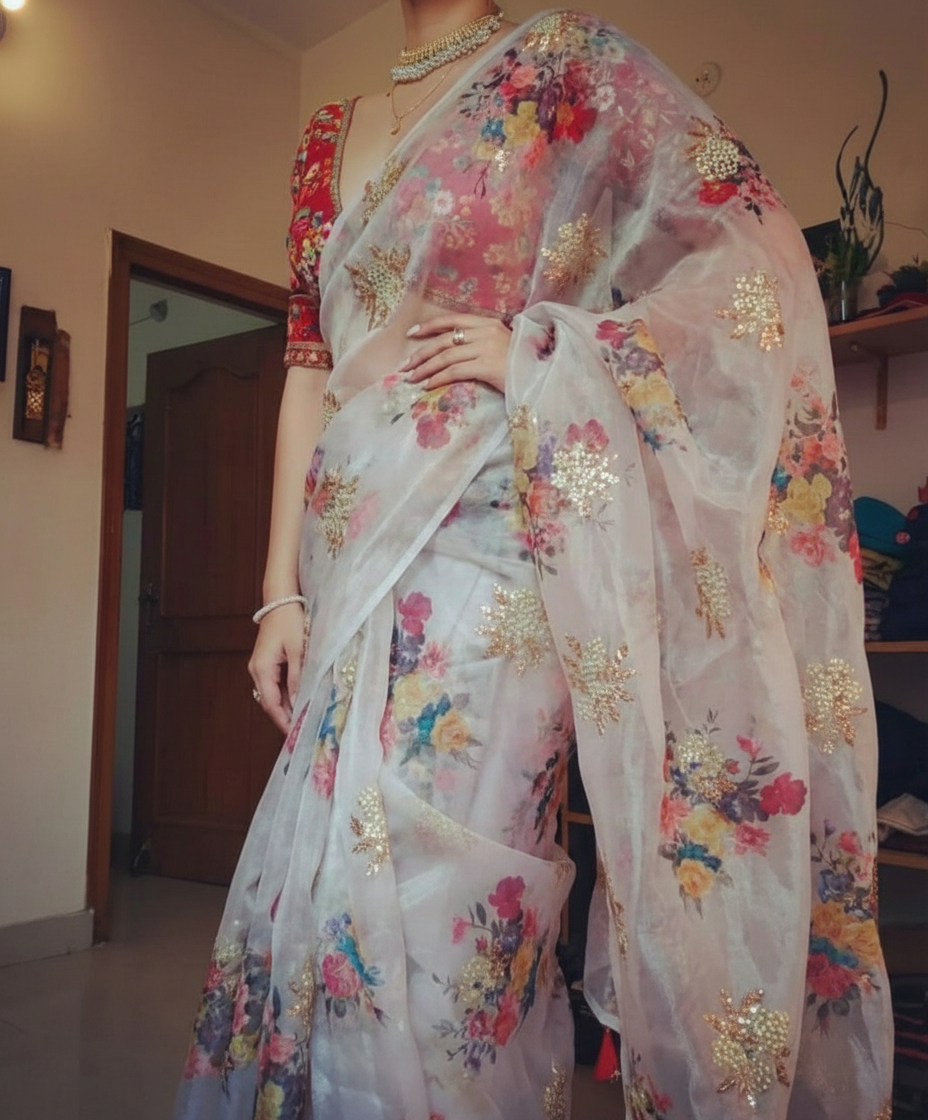 White Print Organza Saree with Golden Zari Embroidery Red Blouse