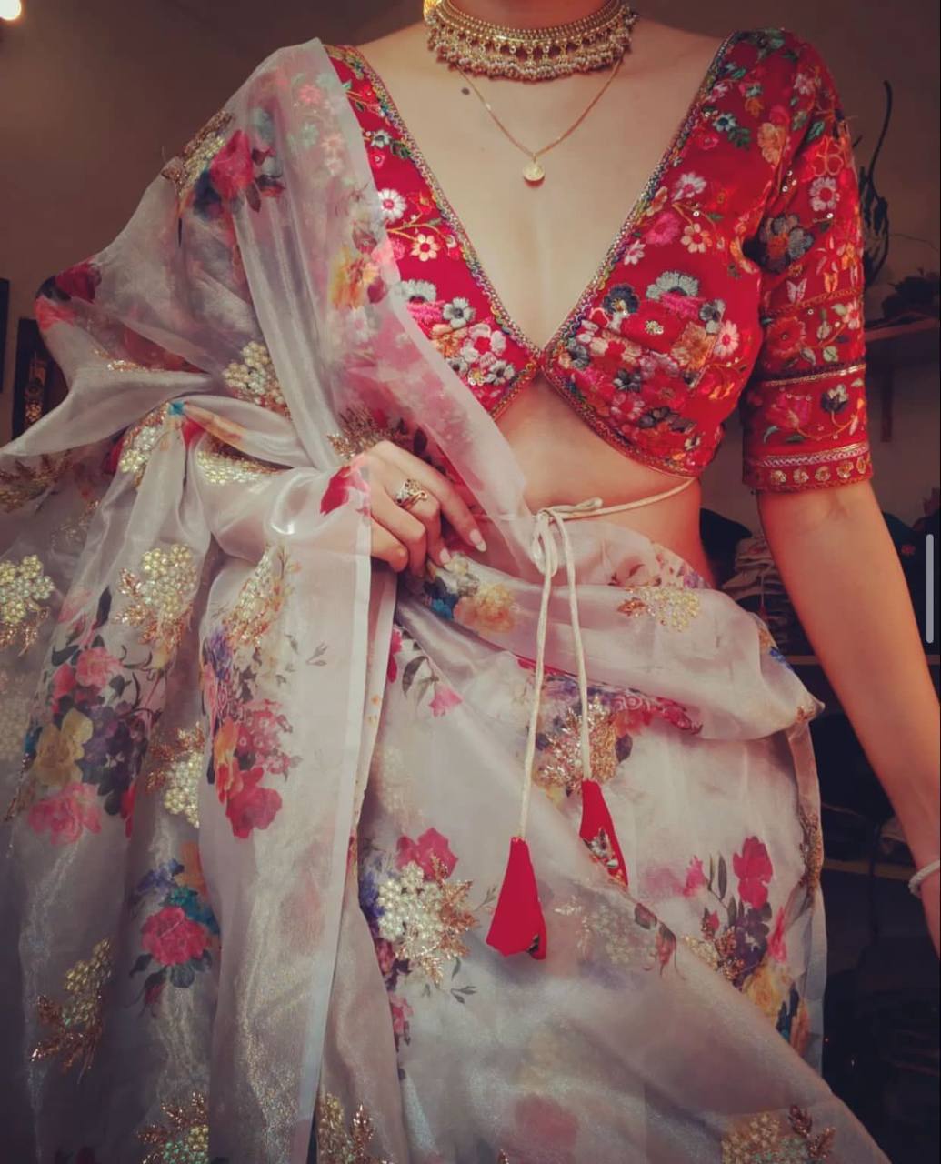 White Print Organza Saree with Golden Zari Embroidery Red Blouse