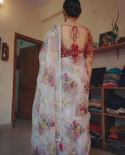 White Print Organza Saree with Golden Zari Embroidery Red Blouse
