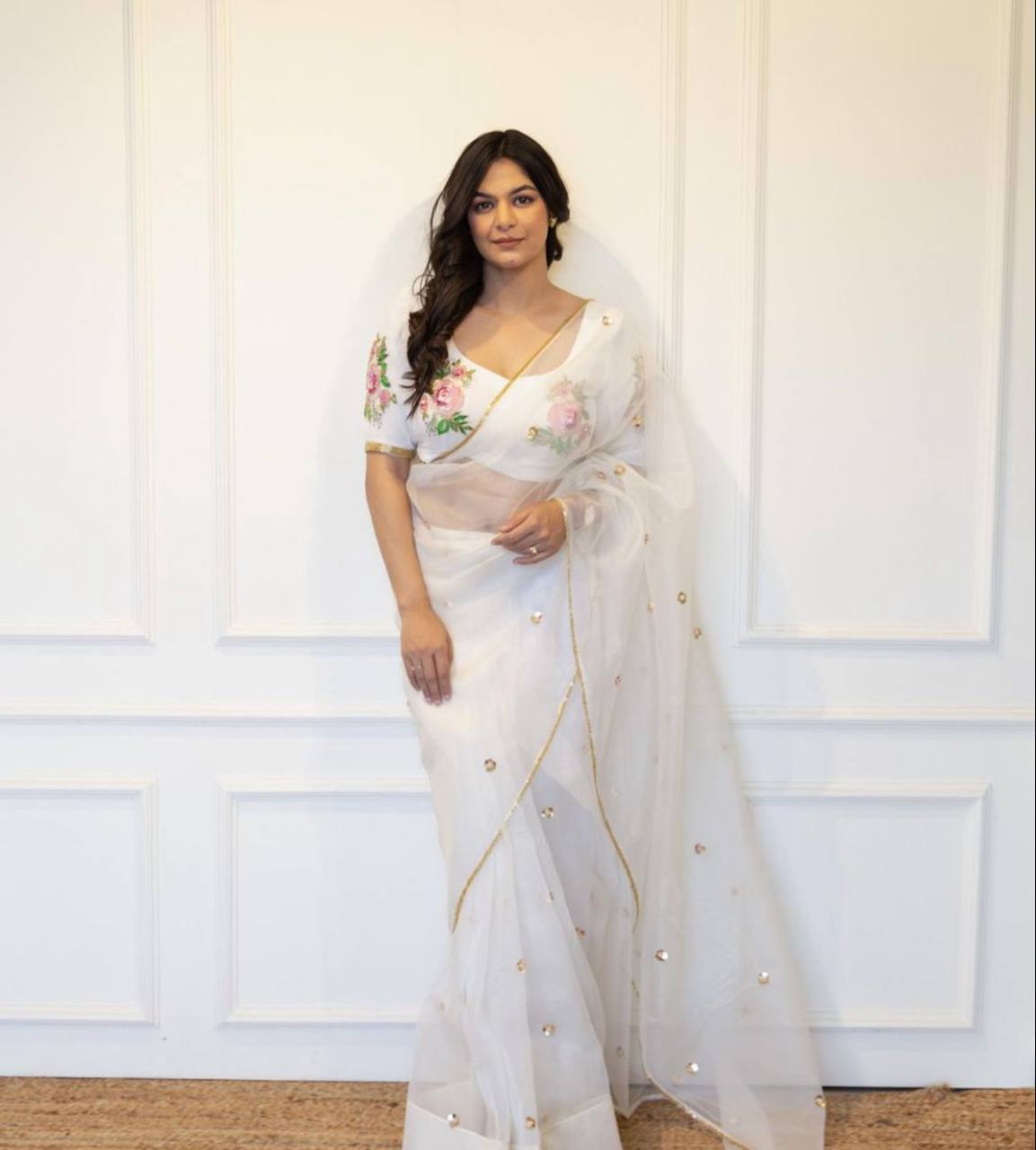 White Pure Organza Saree with Designer Printed Handwork Blouse