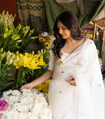 White Pure Organza Saree with Designer Printed Handwork Blouse