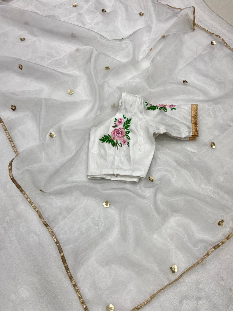 White Pure Organza Saree with Designer Printed Handwork Blouse